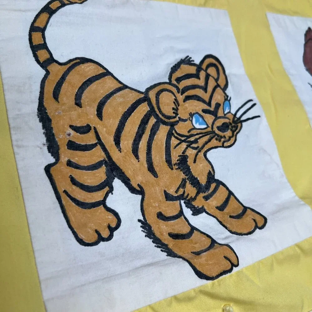 Vintage Handmade Quilt Hand Painted Animals Elephant Tiger Bunny Squirrel Yellow